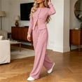 thumbnail image 5 of 2 Piece Women Striped Outfit Button Down Long Sleeve Tops & Wide Leg Pants Teen Fall Casual Fashion Lounge Daily Tracksuit Set, 5 of 7