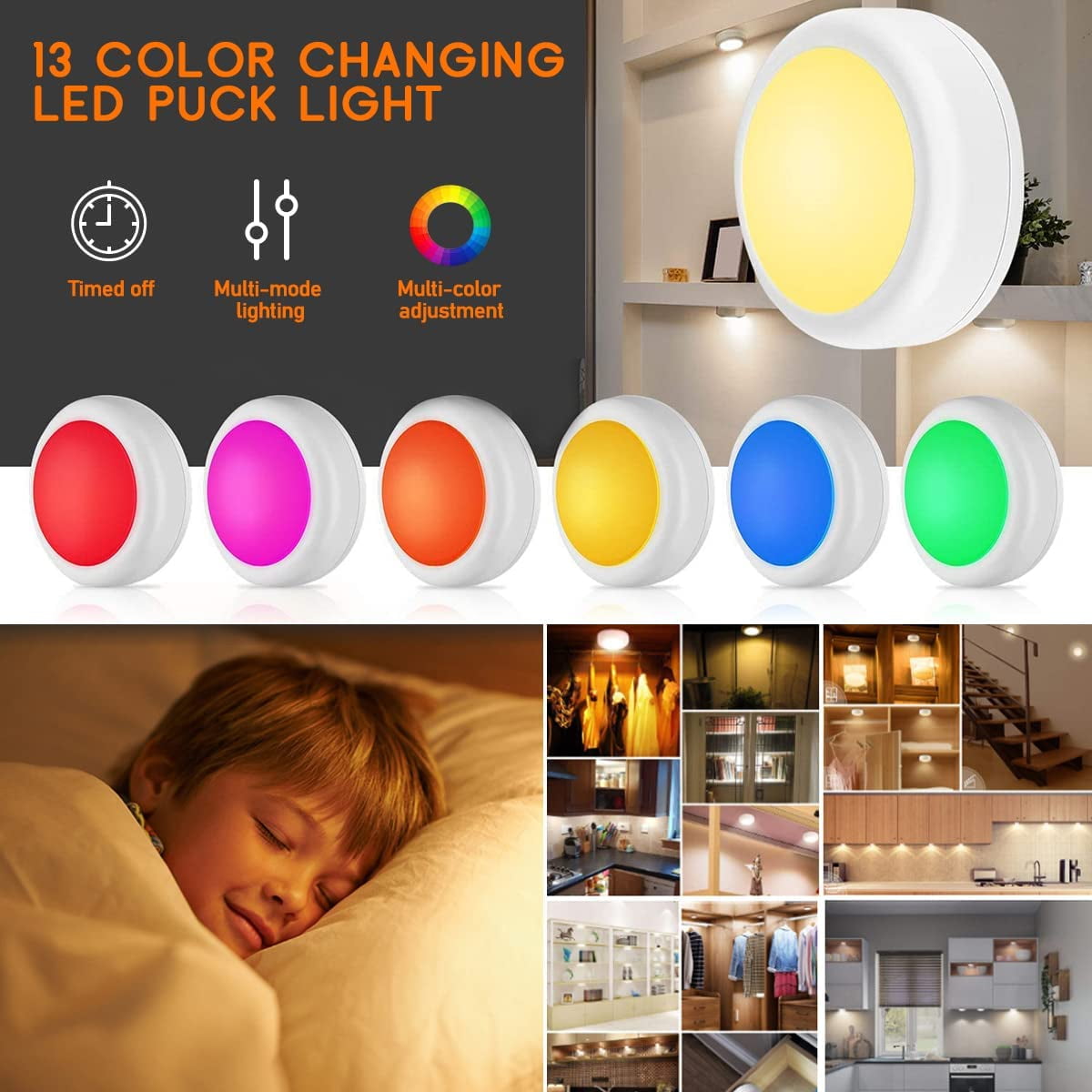 JJEAN-LED Puck Lights with Wireless Remote, 13 Colors RGB Dimmable Under Cabinet Lights, Battery Powered Color Changing Lights, Party Atmosphere Light for Kitchen Closet Counter, 3 Pack