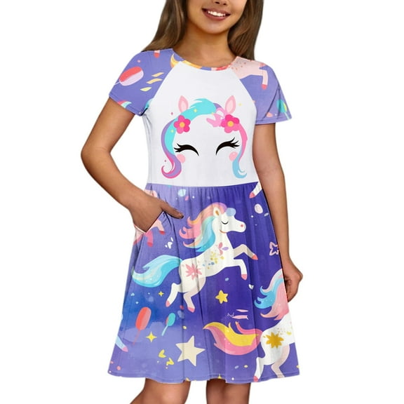 Toddler Girls Dresses Cartoon Horse Printing Short Sleeve Round Neck A Line Dress Kids Girls Summer Casual Party Athleisure Vacation Comfortable Dresses,4 -5 Years