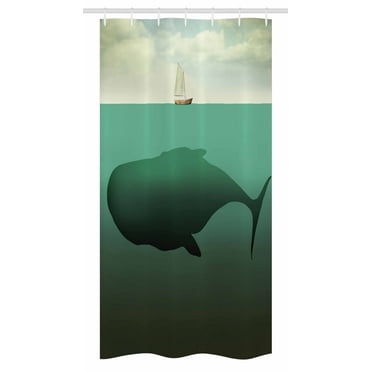Fantasy Stall Shower Curtain, Surreal Giant Whale in the Middle of Sea and Little Sailboat on the Surface Print, Fabric Bathroom Set with Hooks, 36W X 72L Inches Long, Green Beige, by Ambesonne