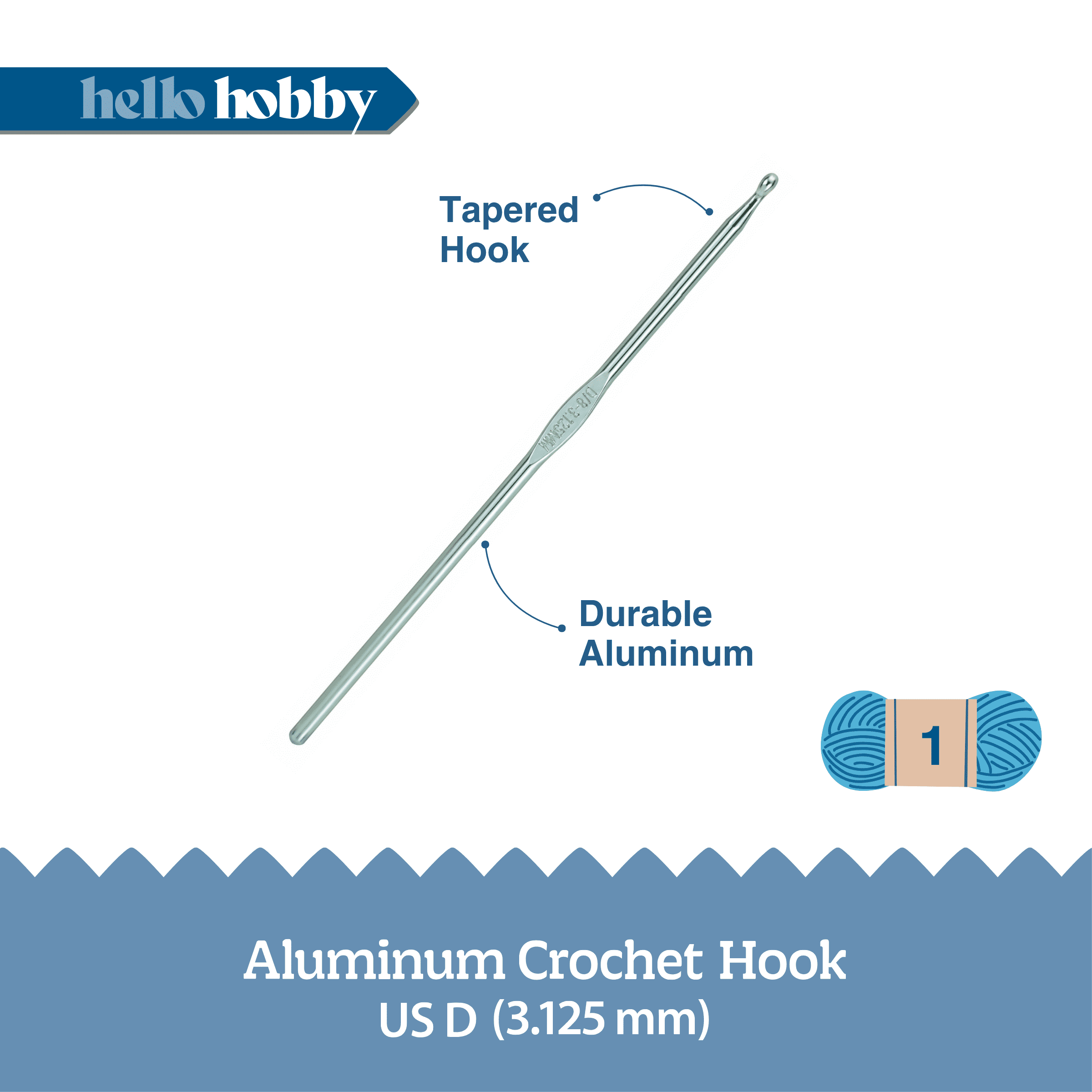 Hello Hobby Aluminum Crochet Hook, Size D, 3.125 mm