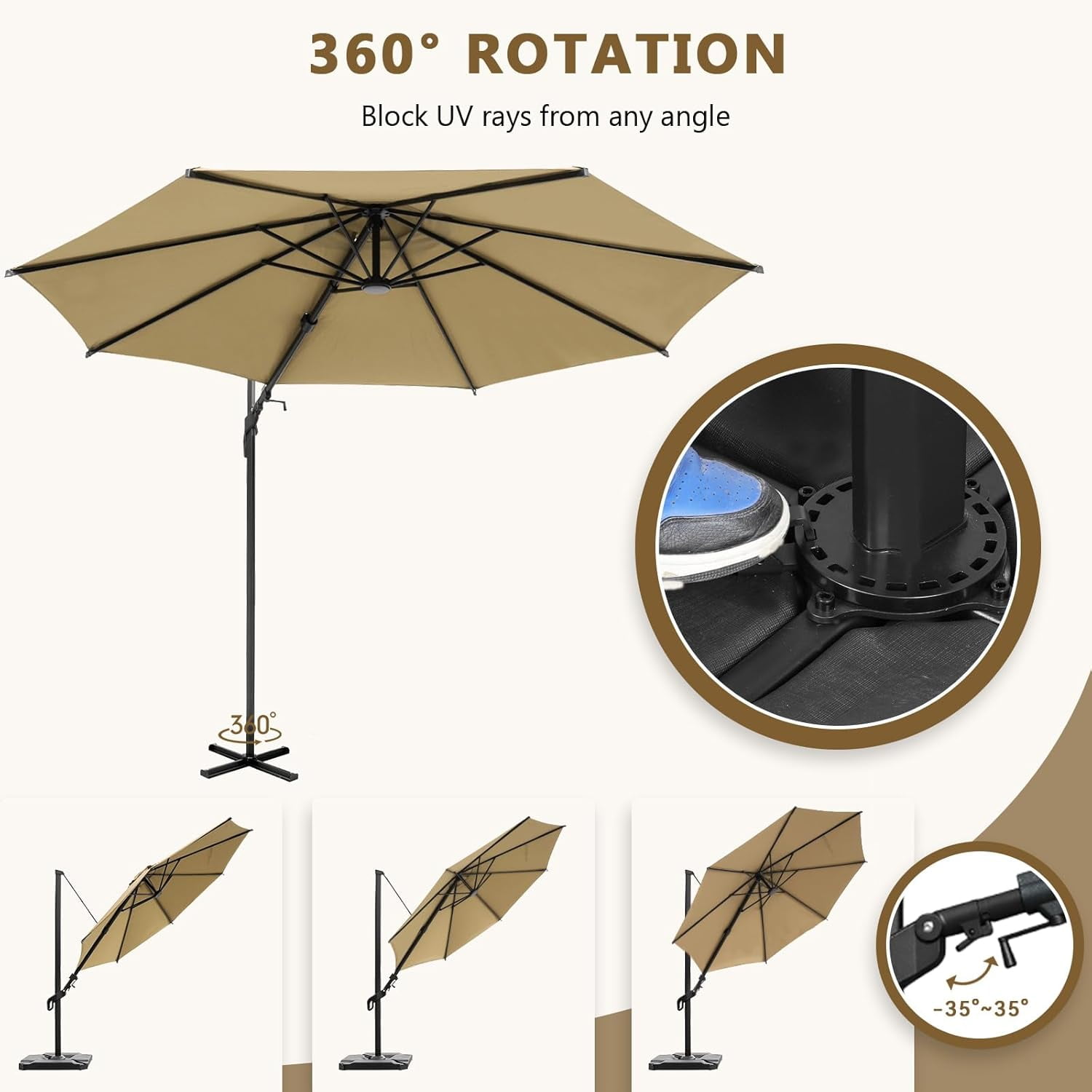 Abba Patio 10ft Outdoor Hanging Offset Cantilever Umbrella w/360°Rotation and Easy Tilt, 8 Ribs, Brown