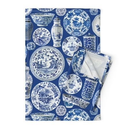 

Printed Tea Towel Linen Cotton Canvas - Blue Chinoiserie Vases Dishes Plates China Chinese Inspired Vintage Print Decorative Kitchen Towel by Spoonflower