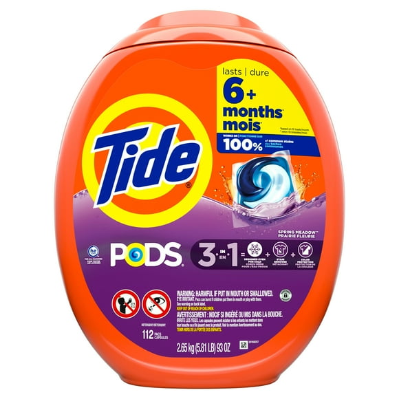 Tide PODS laundry detergent pacs, 3-in-1 Stain Remover, Odor Fighter, Color Protector, HE compatible, Spring Meadow Scent, 112CT