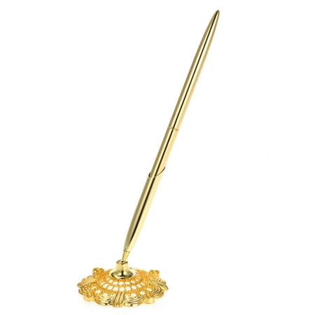 Alloy Wedding Guest Signature Pen & Hollow Round Pen Holder Set for Wedding Engagement Bridal Shower--Gold