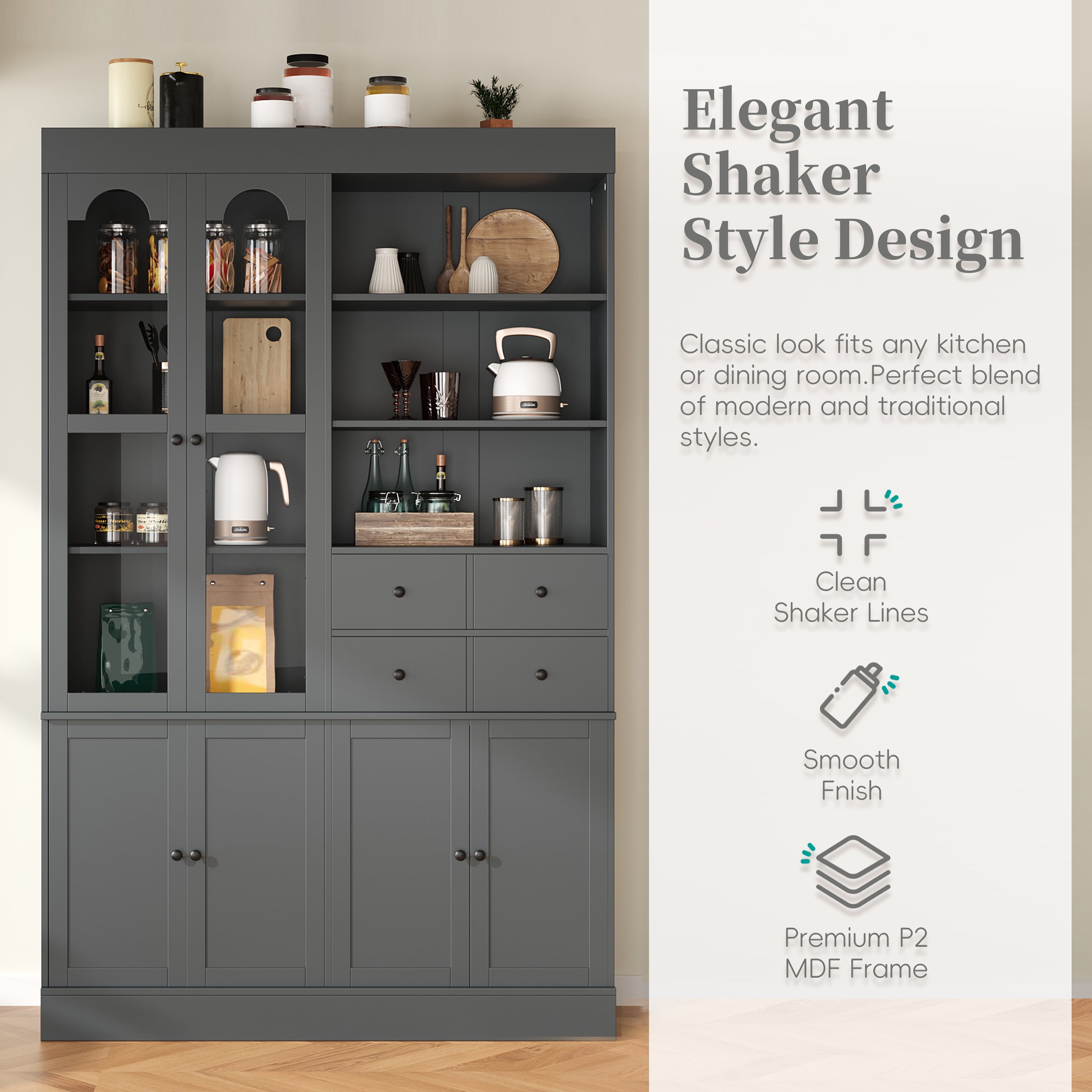 Euroco 47.2x15.7x75inch Freestanding Buffet with Hutch, Tall Kitchen Pantry Cabinet with 4 Drawers, Door Shelves and Pull-out Trays for Dining room, Living Room, Gray
