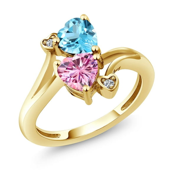 Gem Stone King 18K Yellow Gold Plated Silver Swiss Blue Topaz Pink Moissanite and White Diamond Ring for Women (1.78 Cttw, Heart Shape 6MM, Gemstone November Birthstone, Size 6)