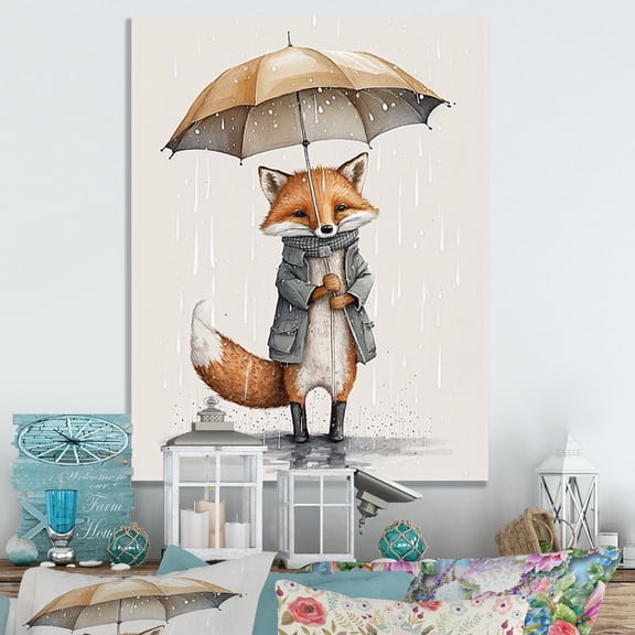 Designart "Cute Fox With Umbrella Rainy Day" Animals Fox Canvas Wall Art