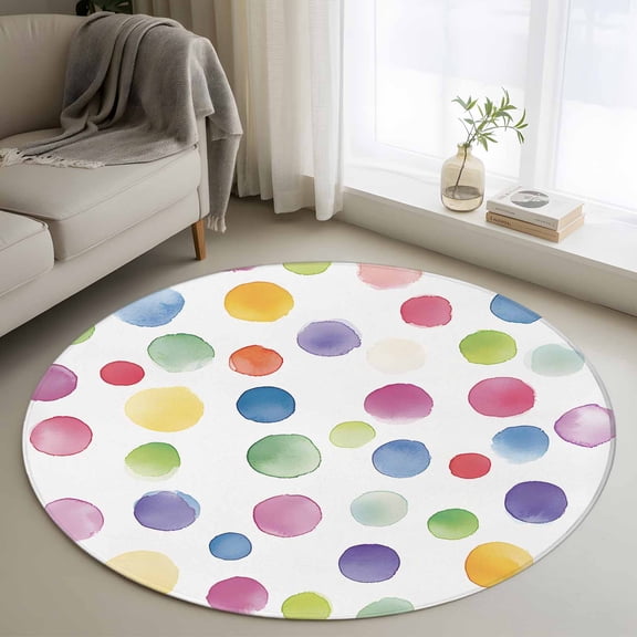 Round Rugs 3Ft, Boho Polka Dots Round Area Rug Washable Indoor Throw Carpet, Ombre Purple Blue Pink Green Watercolor Small Non Slip Circle Rug for Bedroom Living Room Home Decor Aesthetic