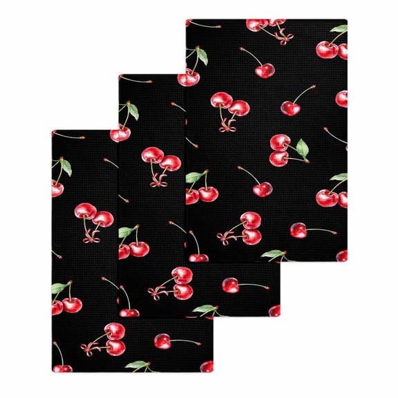 Cherry Rustic Kitchen Dish Towels for Drying Dishes Set of 3, Spring Summer Tropic Fruit Black Waffle Weave Microfiber Hand Tea Bathroom Towels Quick Dry & Absorbent Towel 15.7x23.6