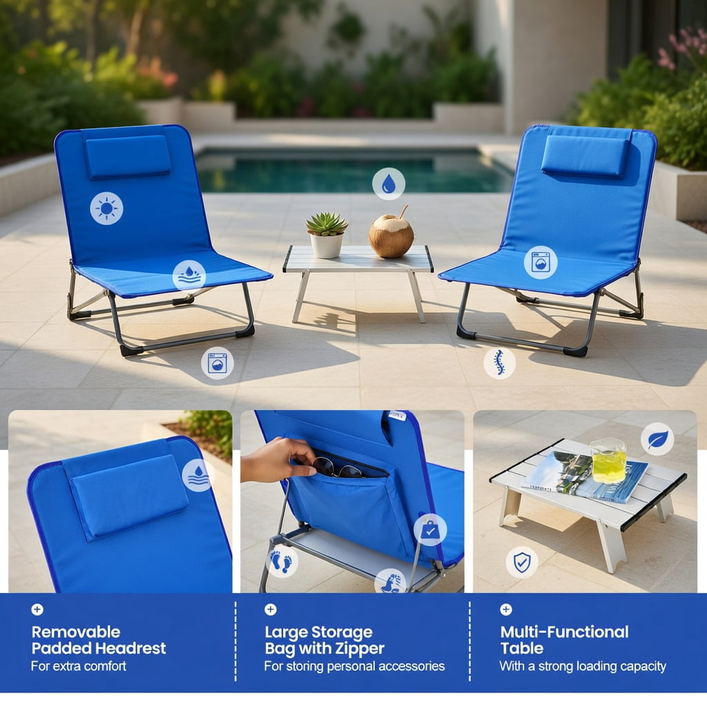 Hommoo 3-Piece Adjustable Beach Lounge Chair Set with Folding Table, Stripe Design, Portable Aluminum Frame, 5-Position Reclining Chairs for Beach, Camping, Patio & Backyard, Blue