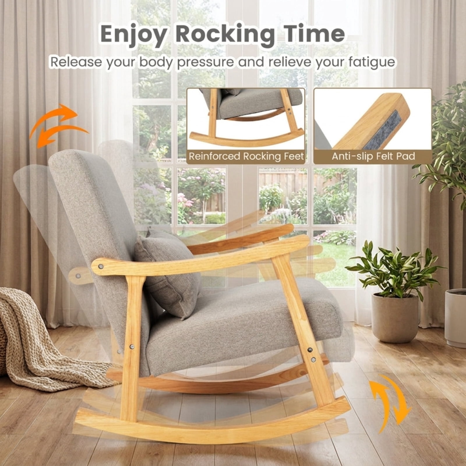 Furnibear Upholstered Rocking Chair with Pillow and Rubber Wood Frame for Living Room Nursery Bedroom Porch Reading Lounge Glider, Gray