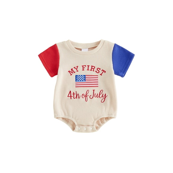 BemeyourBBs Baby Boy Girl My First 4th of July Outfit Patriot Independent Day Romper Summer Clothes Cute American Flag Letter Embroidered Waffled Contrast Short Sleeve Bodysuit Jumpsuit