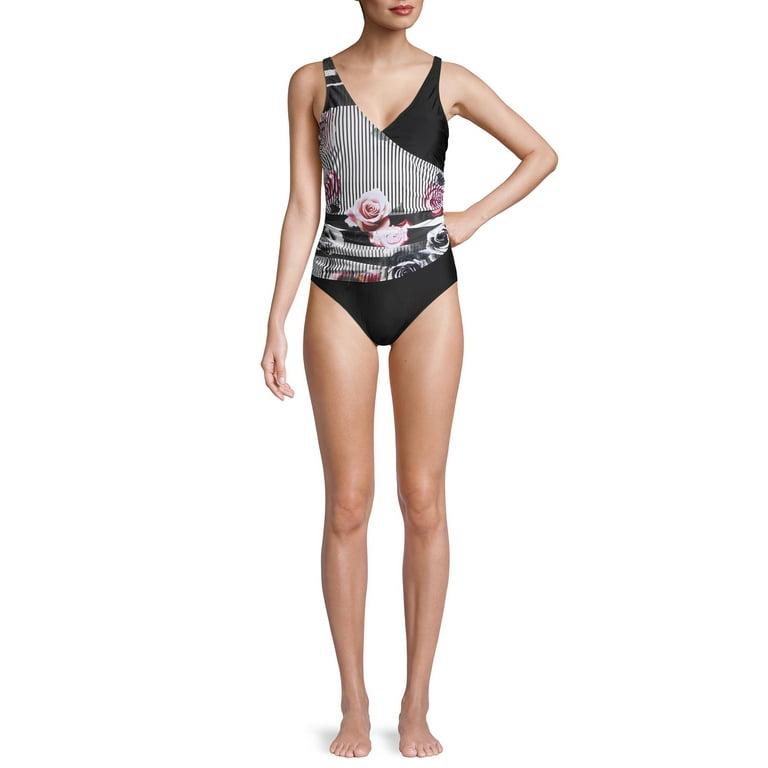 Gloria Vanderbilt Ebony Rose Shirred Surplice One Piece Swimsuit