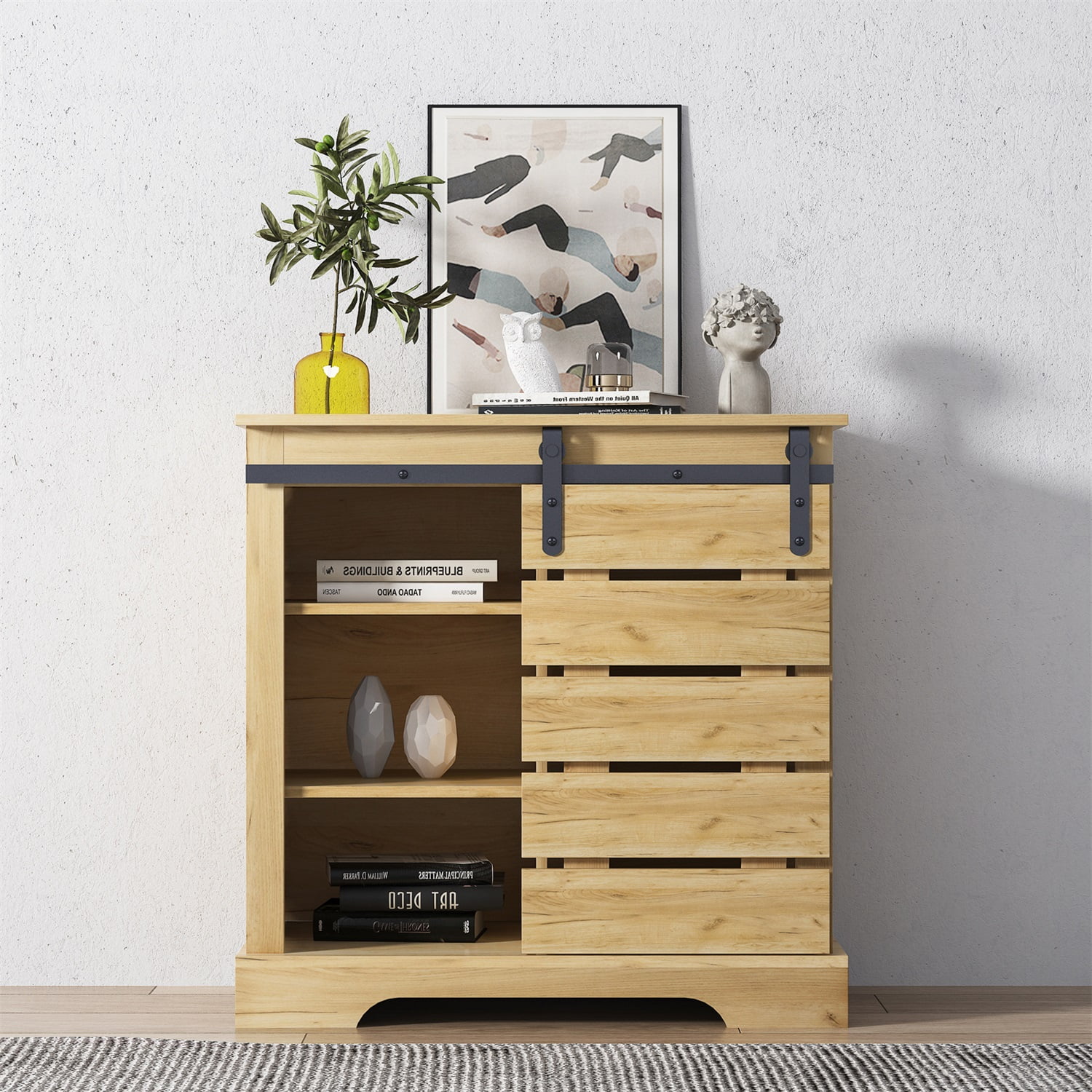Kadyn Modern Farmhouse Sliding Single Slat Door Storage Console, Accent Console for Living Room, Sideboard Coffee Bar Cabinet for Kitchen, Light Brown