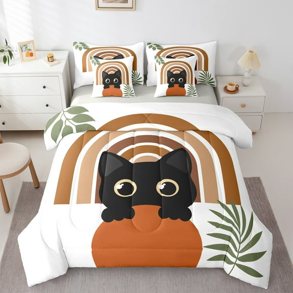 Manfei Cute Cat 7-Piece Twin Bedding Sets,Brown Geometric Striped Bedding Comforter Set,Pet Lover Sheet Sets For Girls Kids,Super Cozy Room Decor Reversible