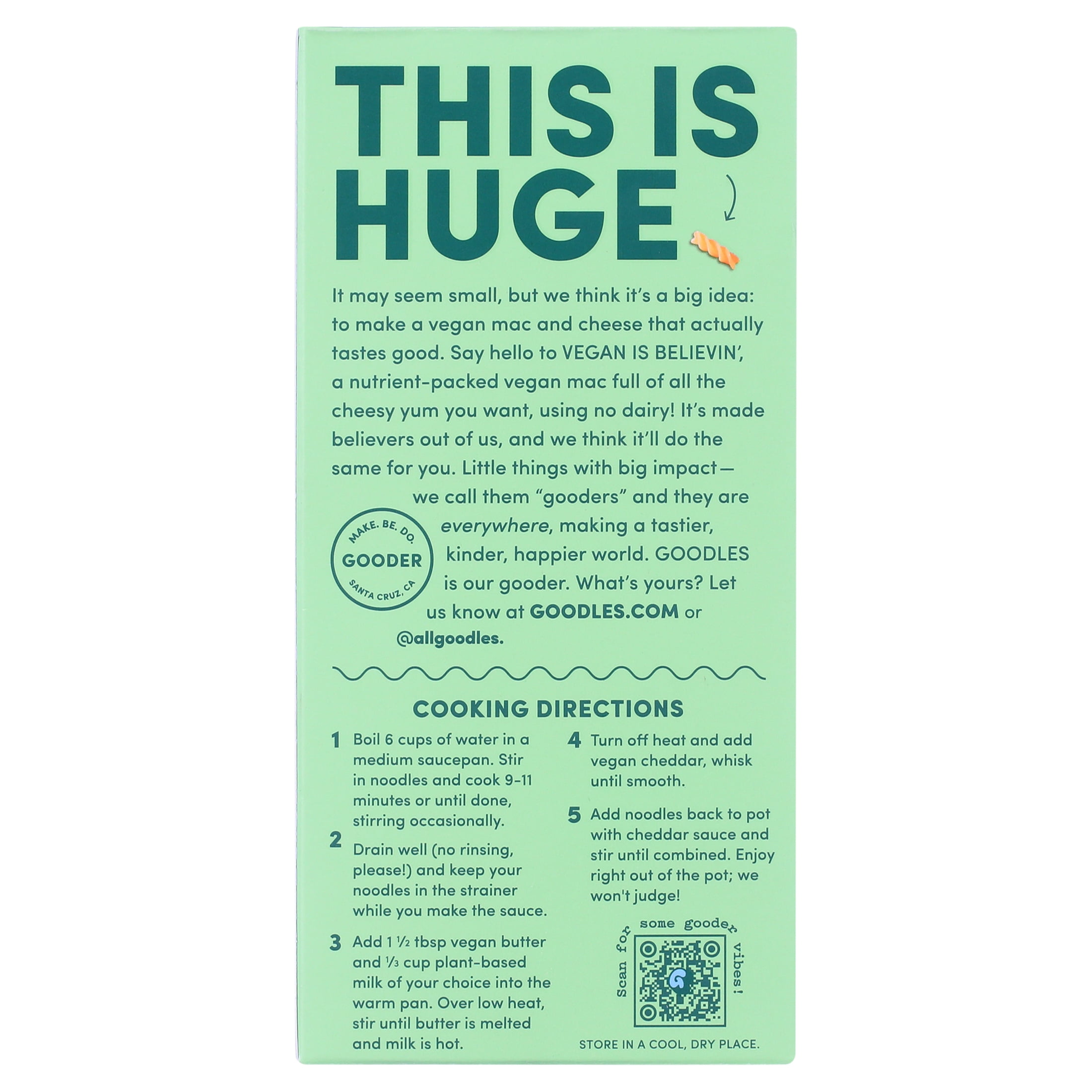 (6 pack) Goodles Mac & Cheese Vegan Is Believin, White Cheddar, Spirals, Shelf Stable, 5.25 oz