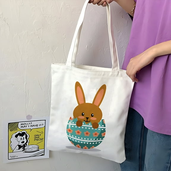 TELOLY Easter Gift Bags,Large Easter Bags with Handles,Canvas Easter Egg Bunny Treat Bags for Kids,Happy Easter Rabbit Bags,Trick Bags Easter Kids Party Favor Supplies,Tote Bag Easter Basket Bags