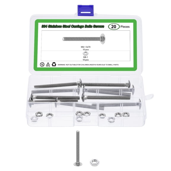 10 Set Carriage Bolts and Nuts Kit, M6-1.0x70 Stainless Steel 304 Round Head Square Neck Carriage Bolts Screw and Hex Nuts - Silver