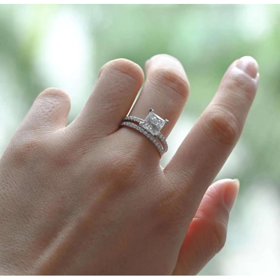vylahjewellery Wonderful Princess Cut Bridal Wedding Ring Set V Prong Anniversary Ring for Her 925 Sterling Silver Proposal Pave Band Moissanite Diamond Engagement Rings