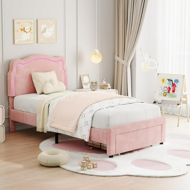 Yeshouse cama de plataforma terciopelo Princess, cabecera LED inteligente, cajón de almacenamiento, soporte de listones de madera, sin muelle de caja