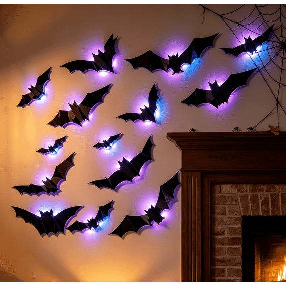 12 Pcs Halloween Bats Decorations with LED lights, 3D Scary Bats for Wall Decor Multi-Size Bats Halloween Indoor Decor Home Window Decoration Set