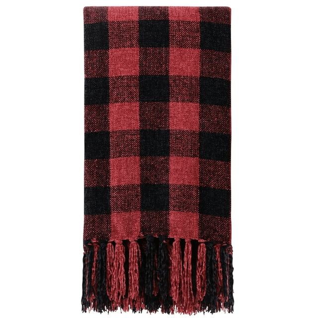 PiccoCasa Chenille Throw Blankets Tassel Plaid Black and Madder Throw