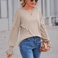 thumbnail image 2 of Mujeres T Camisas ronda Masajeadores de cuello shirred manga larga puff color puro casual Top para el desgaste diario albaricoque M, 2 of 4
