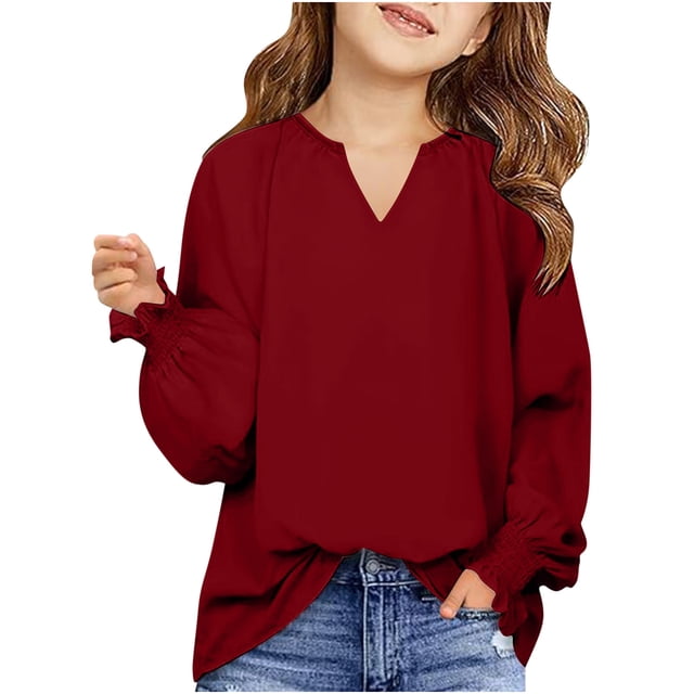 MeetoTime Girls Solid Color Loose Puff Sleeve Long Sleeve V-neck Top Spring Fall Kids Shirt 6-16 Years
