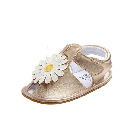 

Ritualay Newborn Crib Shoes First Walkers Princess Shoe Closed Toe Sandals Magic Tape Non-slip Flat Sandal Baby Girls Infant Soft Sole Gold+White Flower 0-6 months