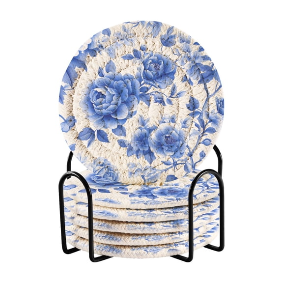 Haosy Set of 6 Drink Woven Coaster with Holder Heat Resistant Non-Slip Bar Coasters 4 Inches Blue White Porcelain with Roses