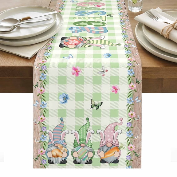 Easter Table Runner - 120 Inch Long, Kitchen Dining Table Runner Dresser Scarves, Spring Pastoral Gnomes Bunny Eggs Green Lattice Farmhouse Decor for Coffee Tables Wedding Party Banquet