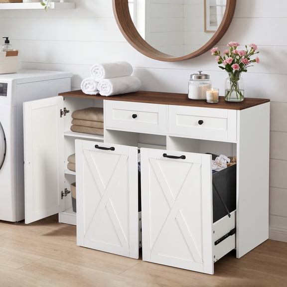 Haverchair 25 Gallon Kitchen Trash Can Cabinet, 47" Double Pull Out Trash Cabinet with Drawers, Farmhouse Wooden Hidden Garbage Storage Buffet with Adjustable Shelf for Kitchen, Dining Room, White