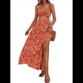 thumbnail image 1 of Vestido Maxi para Mujer, Plisado, con Cuello Halter, Estampado y Escote en V. Rojo M, 1 of 9