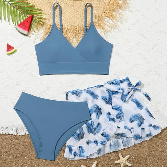 SHenli Ruffle Girls Swimsuits Rash Guard Bikini Sets for Girls 12-14 Adjustable Strap Tankini Set 3-Piece Cutout Girls Bathing Suits Size 14-16