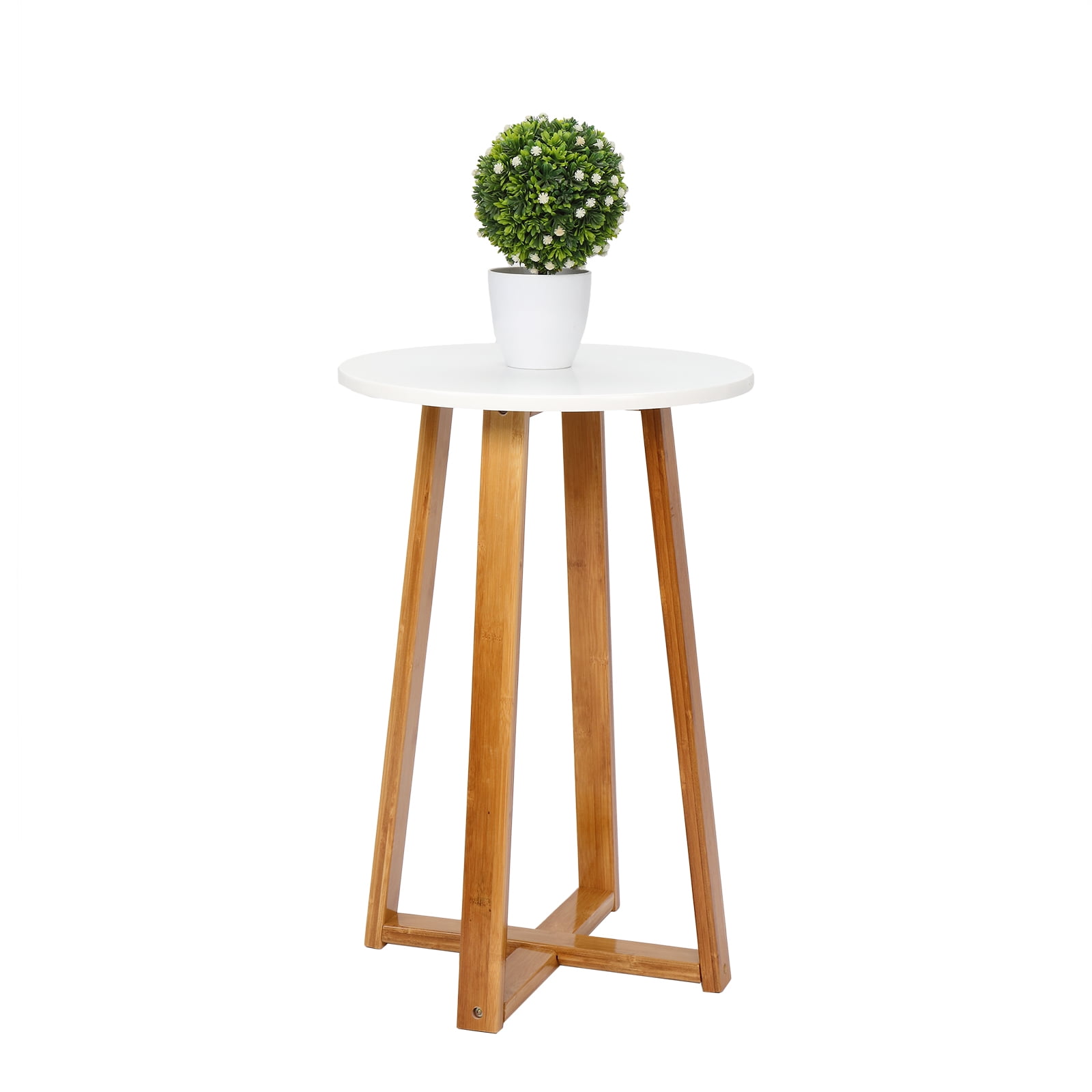 Single Layer Bamboo Side Table Round White Table Top Natural Wood Table