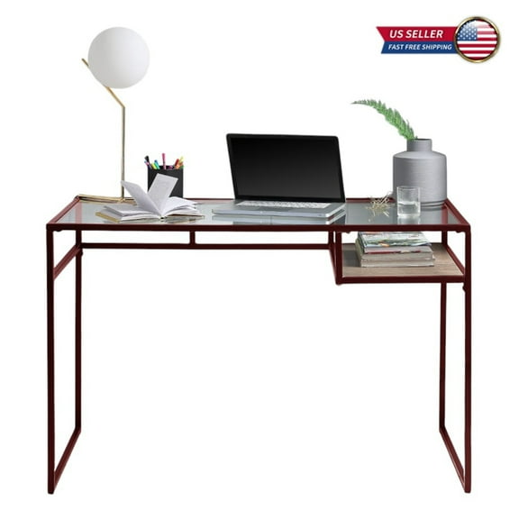 GZXS Modern Minimalist Writing Desk with Clear Glass Top, Metal Sled Base & Wood Shelf - 48" Rectangular Computer Desk for Home Office, Study, Bedroom (Red Frame)