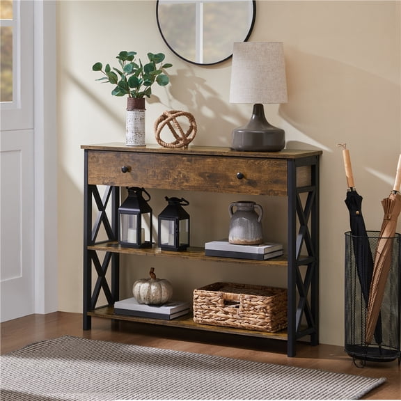 Topeakmart 2-Tier X-Design Wooden Console Table for Entryway, Rustic Brown