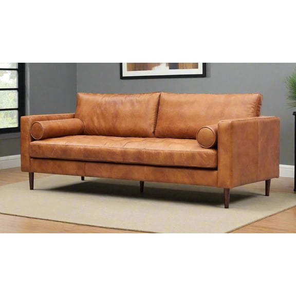 Crafters and Weavers Alamo Contemporary Italian Leather Sofa in Light Brown