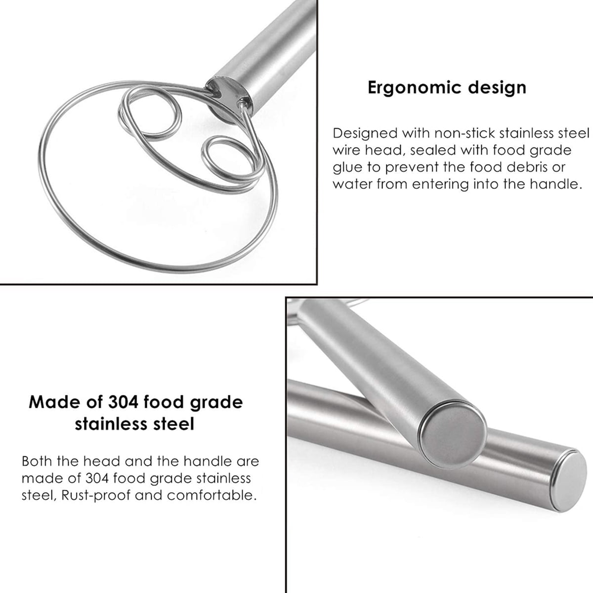 Kepooman 2 Pieces 12" Stainless Steel Danish Dough Whisk for Cooking Baking, Silver