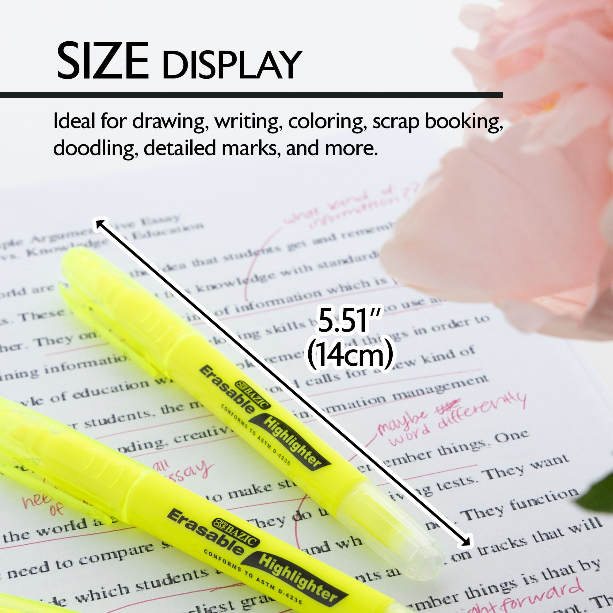 BAZIC Erasable Highlighter Chisel Unscented Erase Marker (3/Pack), 24-Packs