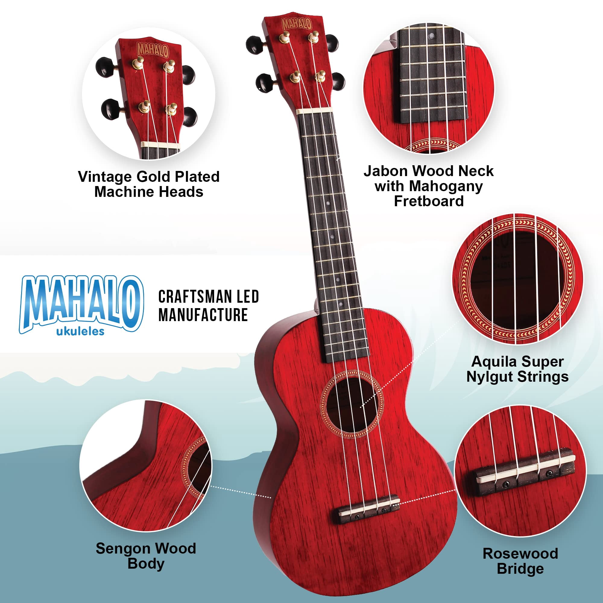Hano Concert Ukulele w/Bag Trans Wine Red