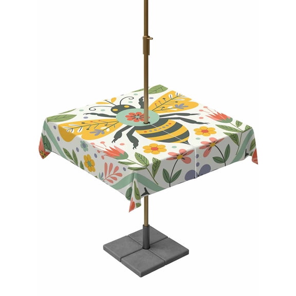 Square Outdoor Tablecloth with Umbrella Hole Flowers Bee Outside Table Cloth Waterproof Patio Table Cover Retro Country Botanical Floral Plants Dots Zipper Tablecloths for Picnic Camping 54x54 Inch