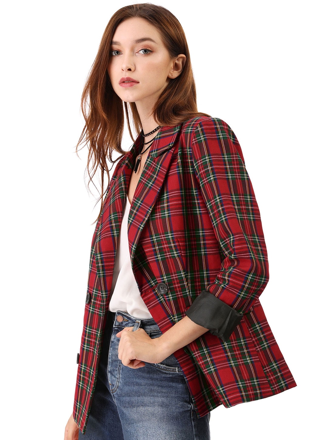 DARING DIVA Women's Plaid Notched Lapel Blazer Jacket 2XL Red Green