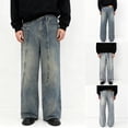 thumbnail image 2 of Luwomo Jeans Men Distressed Asymmetric Patchwork Design Wide Straight Leg Long High Waist Streetwear Denim Pants, 2 of 7