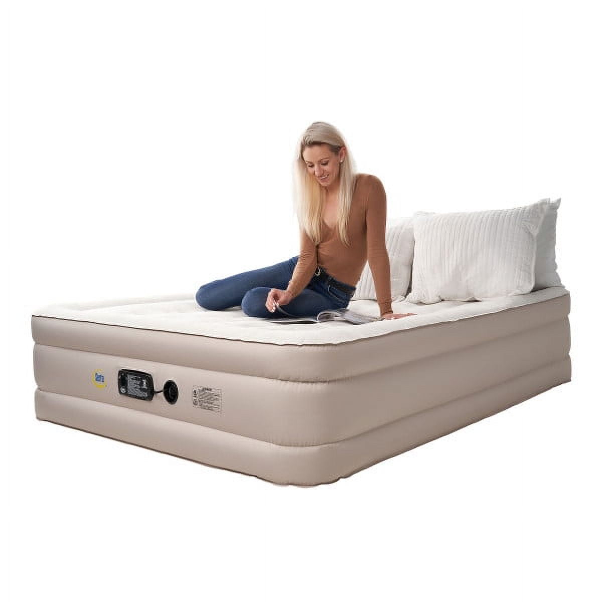 Serta Never Flat Fabric Series Raised with Internal Pump and Plush Air Mattress- 18 Queen (Beige)