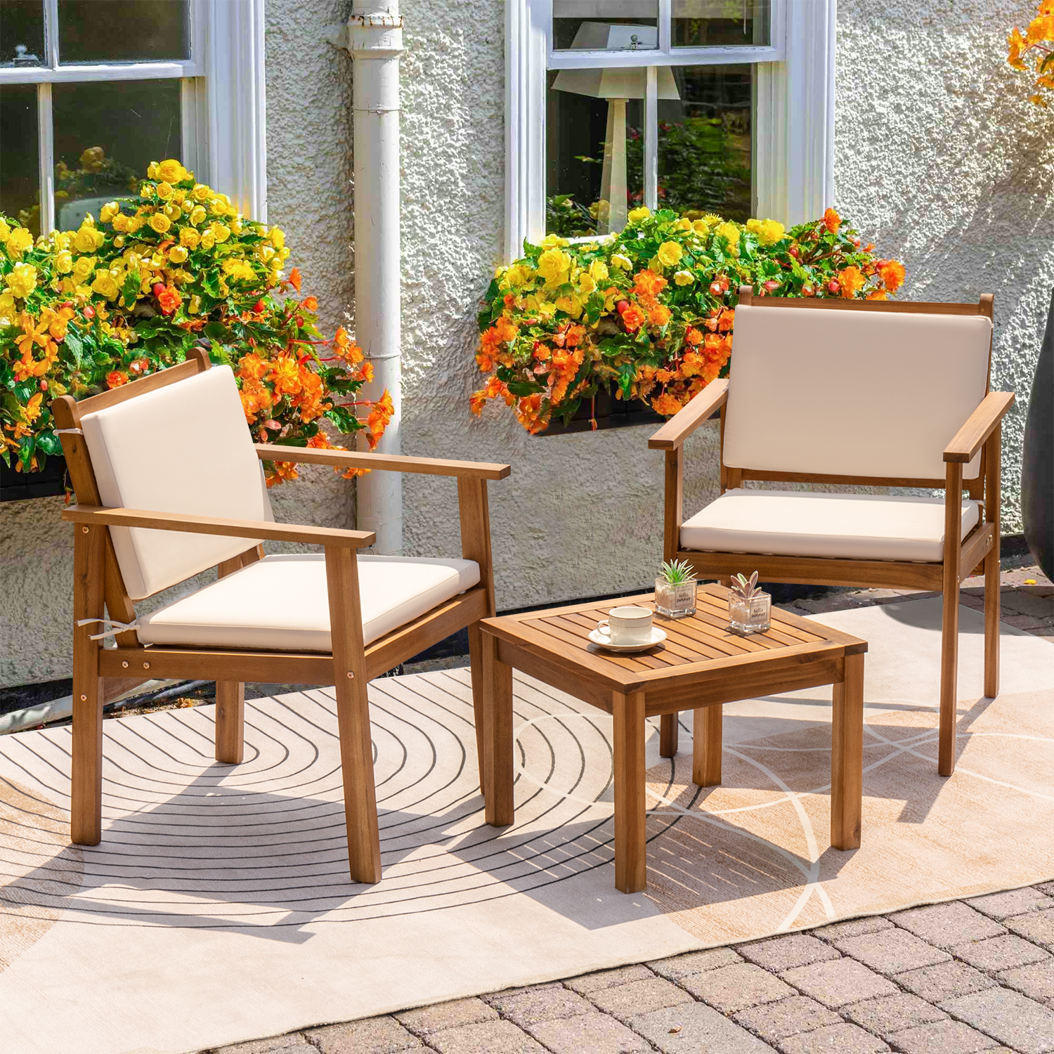 Devoko 3 Pieces Acacia Patio Conversation Set Outdoor Furniture Set with Cushions and Side Table for Porch, Yard and Balcony, Beige - image 5 of 7
