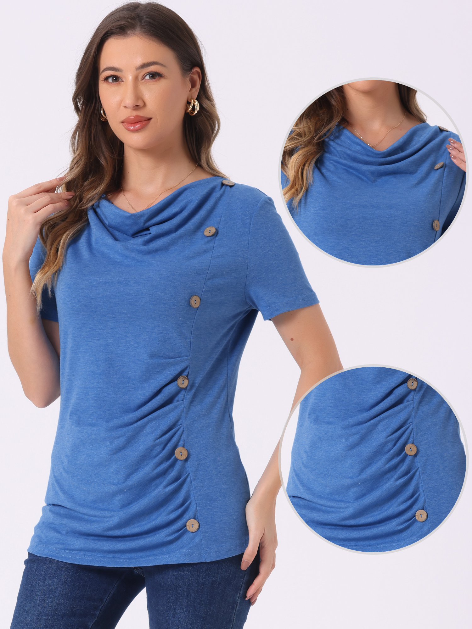 DARING DIVA Women's Cowl Neck Ruched Short Sleeve Tops with Button Decor XS Blue