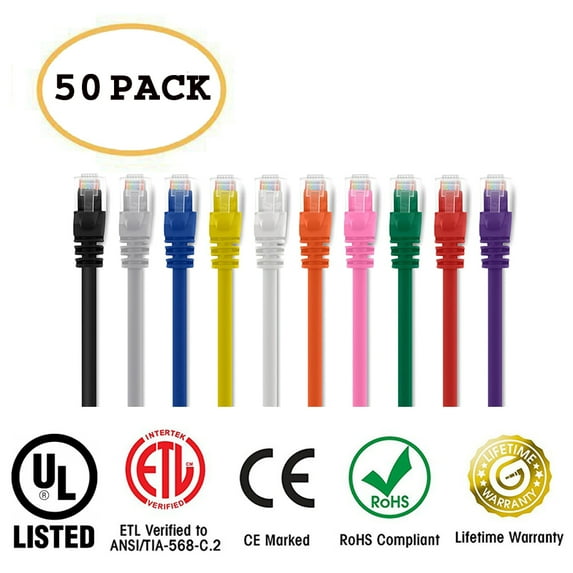 Huetron™ 50-Pack Cat 6 Ethernet Cable Cat6 Snagless Patch 1 Feet - Computer LAN Network Cord, MULTI-COLOR