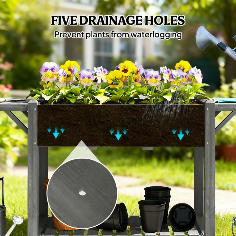 Elevated Garden Bed, Wood Raised Planter Box with Lockable Wheels, Side Tables, Bottom Shelf, Drain Holes